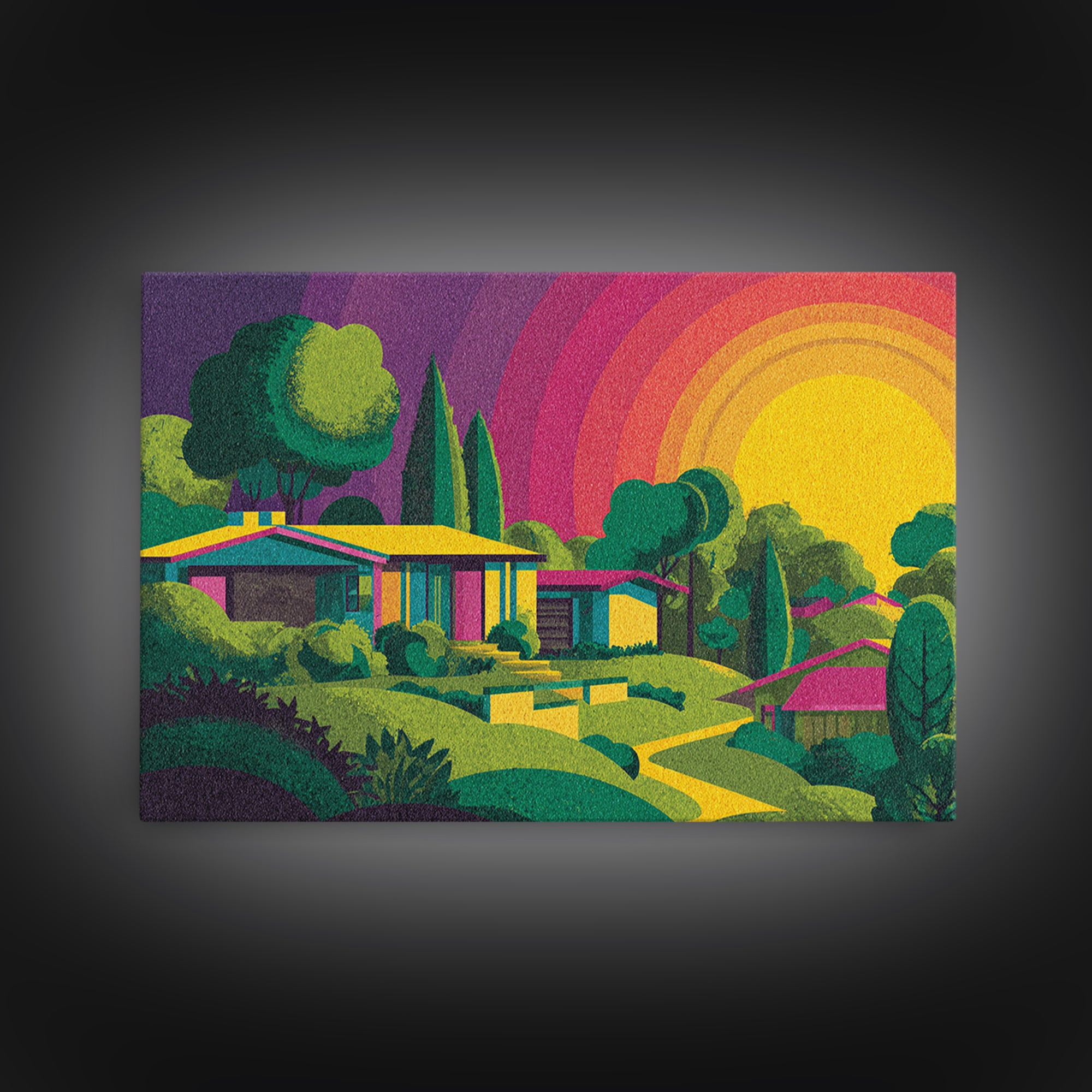 Colorful Midcentury Hillside Home Sunset Wall Art, Retro Palm Springs Decor, MCM Architecture Print, Groovy 70s Art Poster