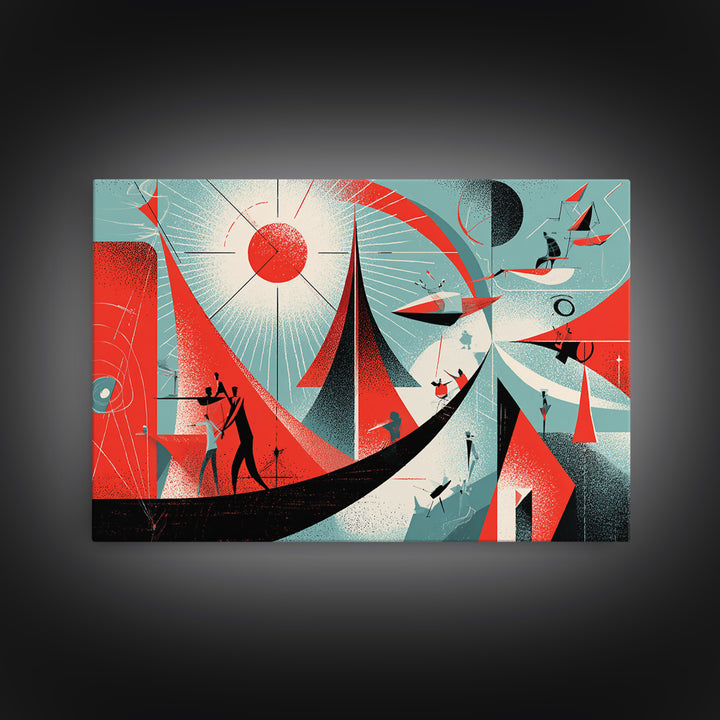 Red Atomic Sailboats And Cosmic Figures Canvas Print, Midcentury Abstract Wall Art, Bauhaus Geometric Retro Poster Decor