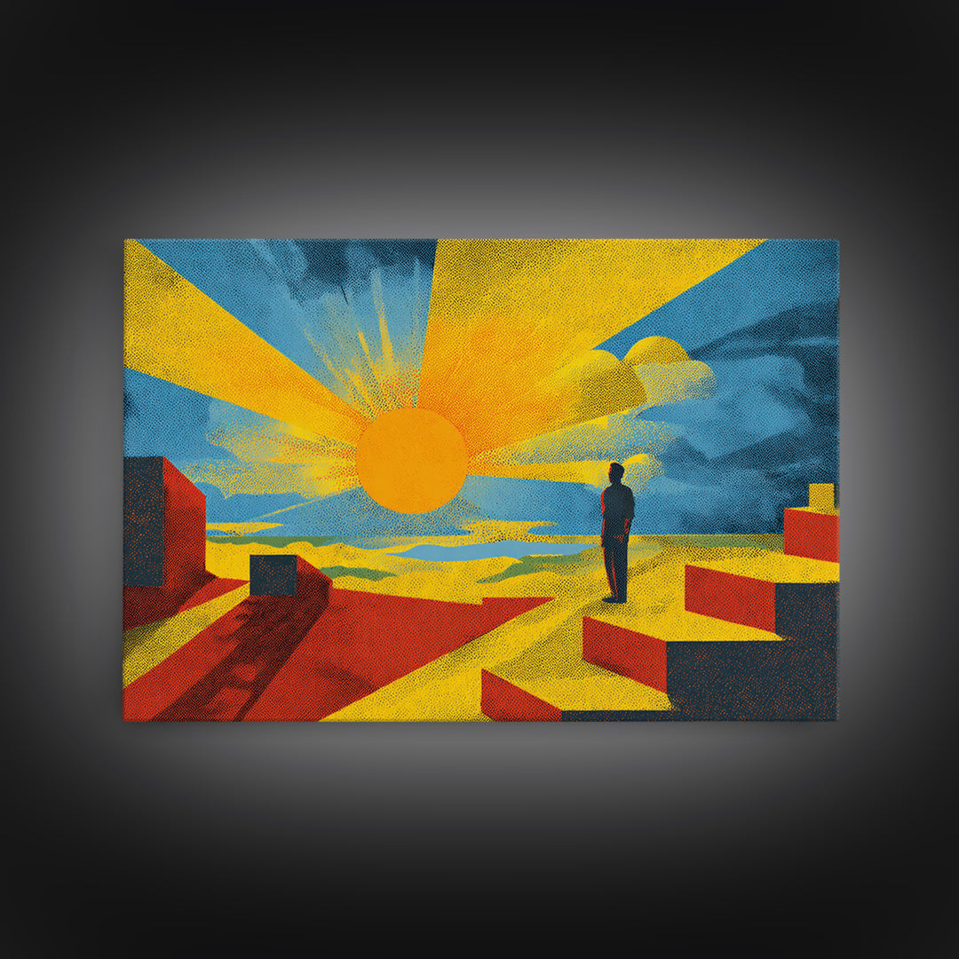 Golden Sun And Lone Figure Geometric Desert Wall Art, Midcentury Modern Abstract Print, Bold Yellow Orange Decor For Living Room