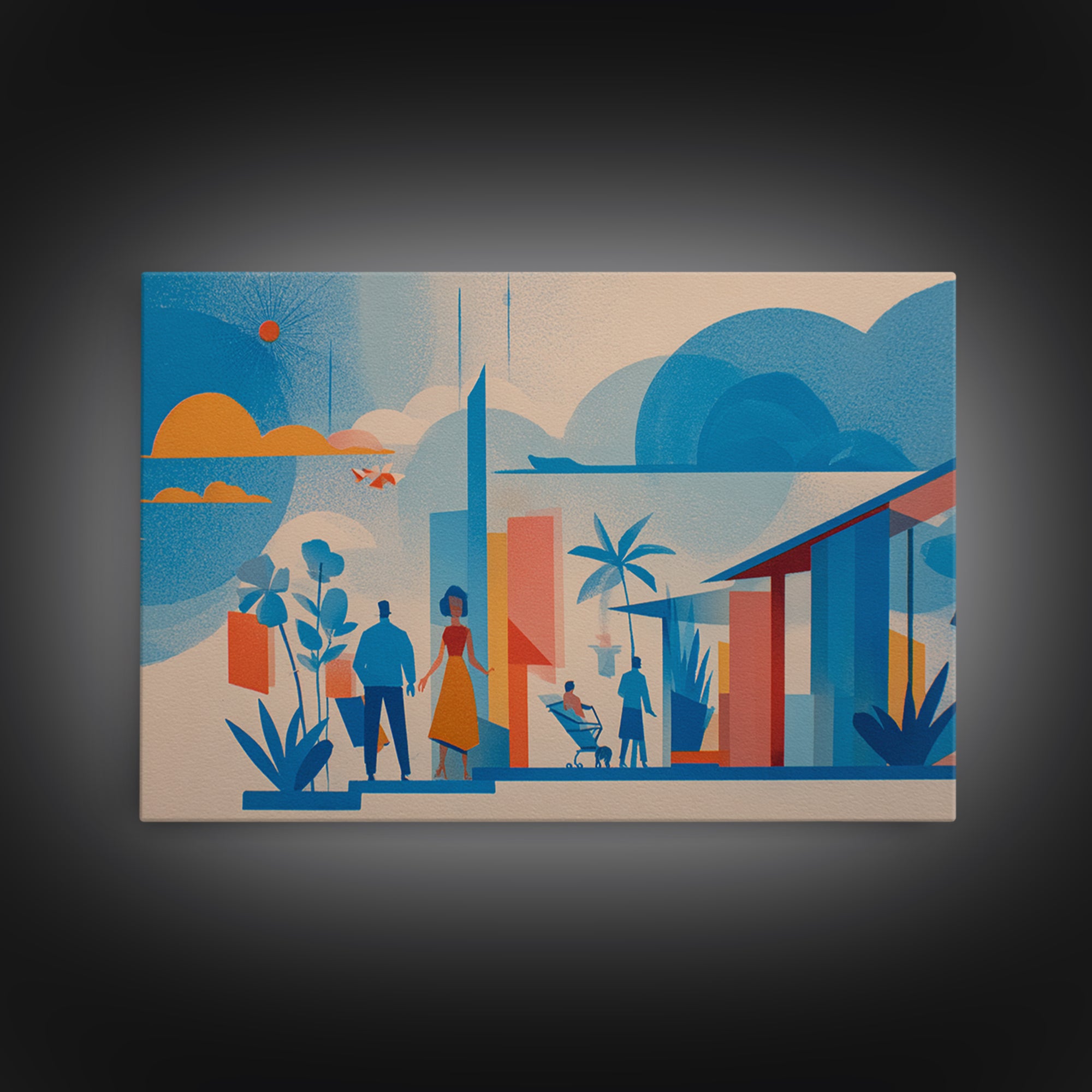 Pastel Family At Modernist Home Framed Canvas Print, Midcentury Wall Art, Scandinavian Blue Decor, Nursery Room Art Poster