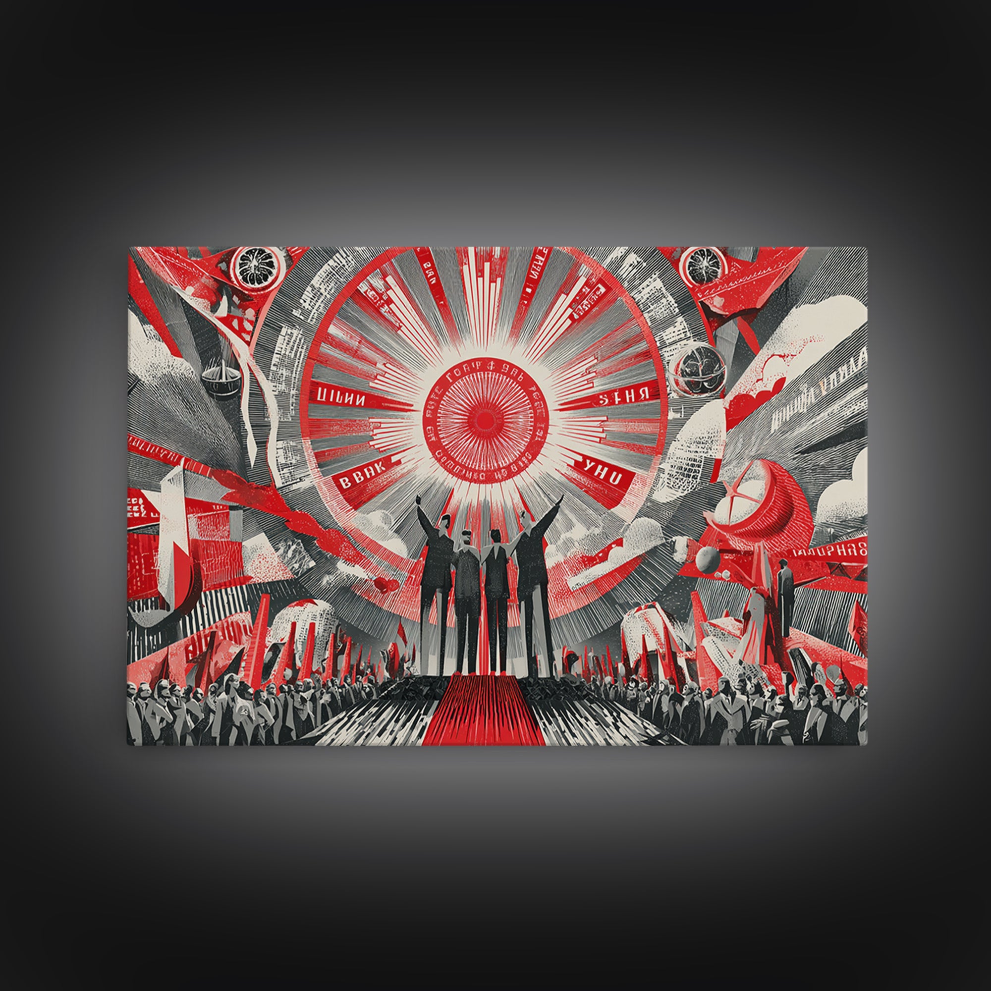 Red Futurist Rally With Rockets And Crowd Wall Art, Soviet Style Space Poster, Retro Sci Fi Propaganda Canvas Print Decor