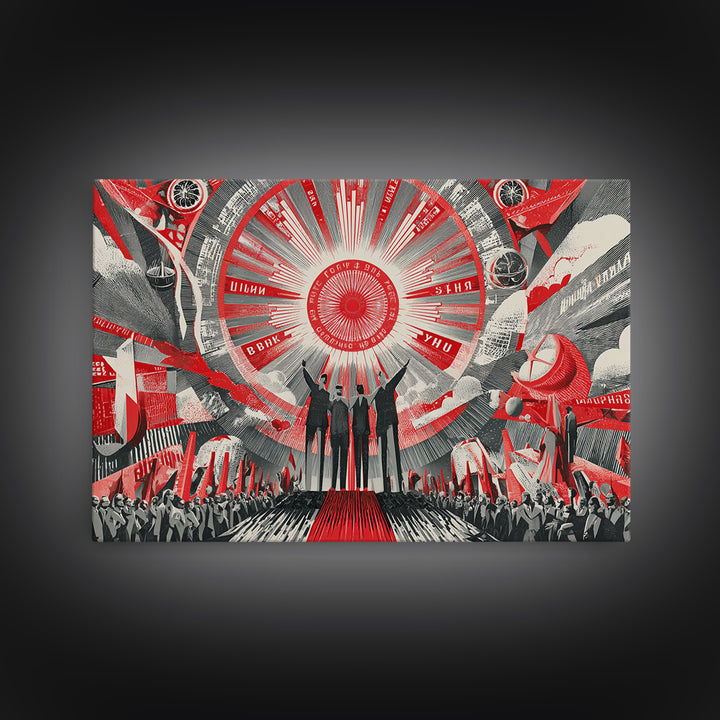 Red Futurist Rally With Rockets And Crowd Wall Art, Soviet Style Space Poster, Retro Sci Fi Propaganda Canvas Print Decor
