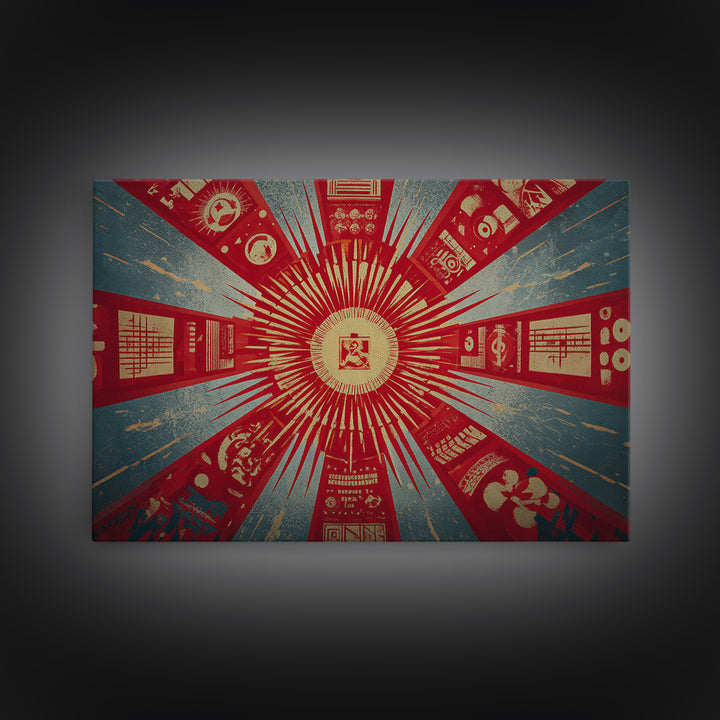 Radial Soviet Science Panels And Red Star Wall Art, Retro Futurist Propaganda Poster, Modern Geometric Canvas Print Decor