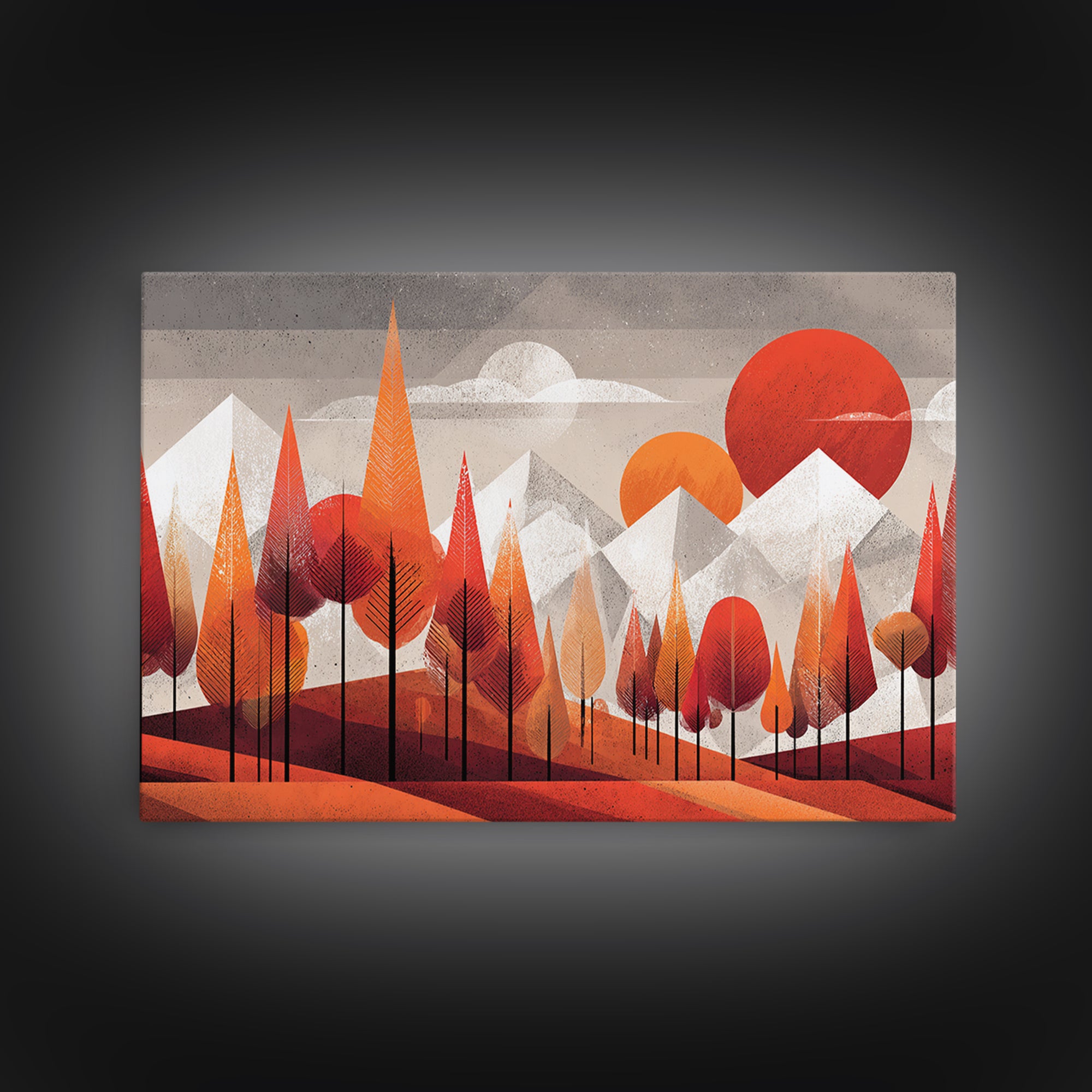 Orange Geometric Forest Mountains Canvas Print, Midcentury Modern Wall Art, Retro Landscape Decor, Bold MCM Home Decor Poster