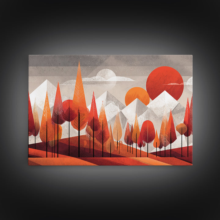 Orange Geometric Forest Mountains Canvas Print, Midcentury Modern Wall Art, Retro Landscape Decor, Bold MCM Home Decor Poster