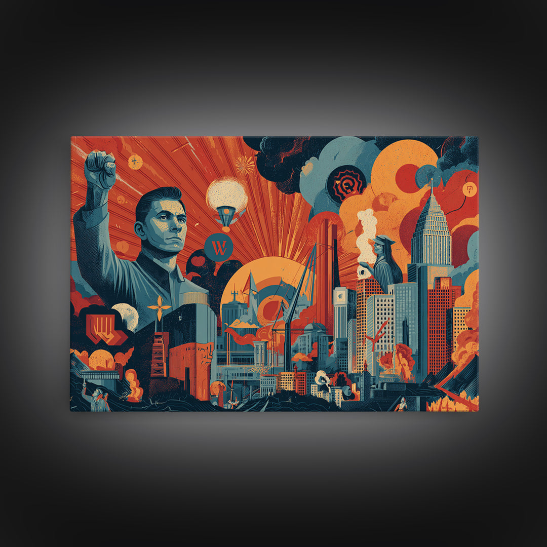 Heroic Retro Futurist Industrial City Wall Art, Midcentury Modern Poster, Bold Orange Teal Sci Fi Canvas Print Office Decor