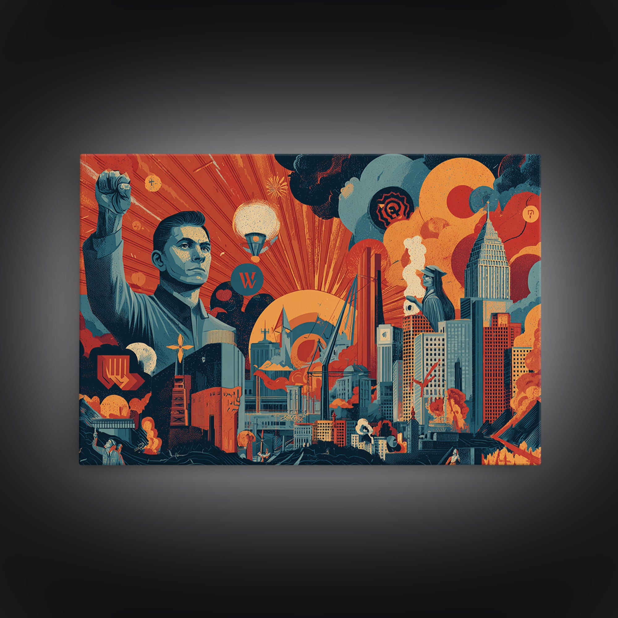 Heroic Retro Futurist Industrial City Wall Art, Midcentury Modern Poster, Bold Orange Teal Sci Fi Canvas Print Office Decor