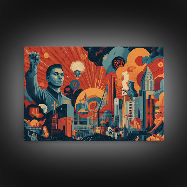 Heroic Retro Futurist Industrial City Wall Art, Midcentury Modern Poster, Bold Orange Teal Sci Fi Canvas Print Office Decor