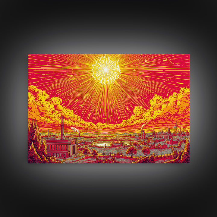 Radiant Industrial Sunburst City Wall Art, Retro Futurism Poster, Midcentury Modern Art, Atomic MCM Decor, Orange Print Gift