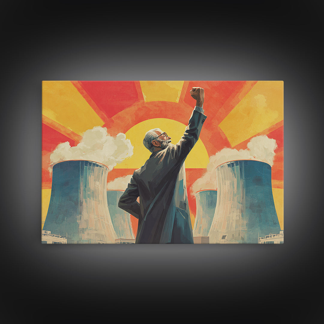 Nuclear Cooling Tower Leader Framed Canvas Print, Retro Political Poster, Midcentury Modern Wall Decor, Atomic Science Art