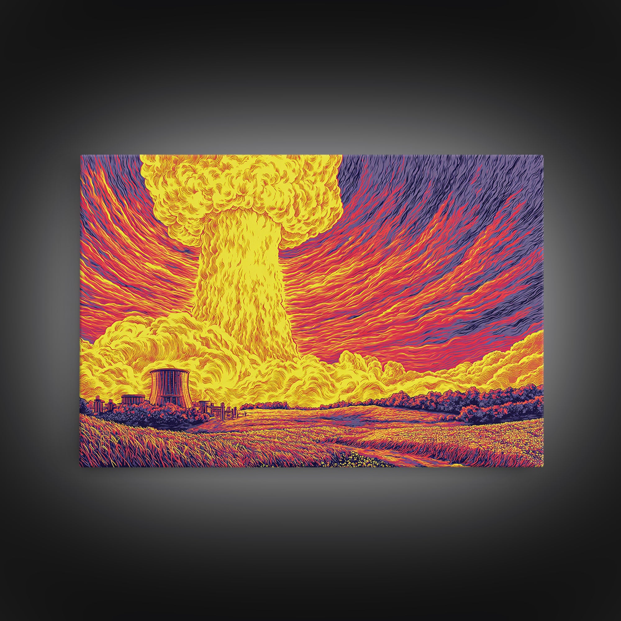 Fiery Atomic Mushroom Cloud Canvas Print, Nuclear Landscape Poster, Retro Sci Fi Wall Decor, Midcentury Modern Art Print