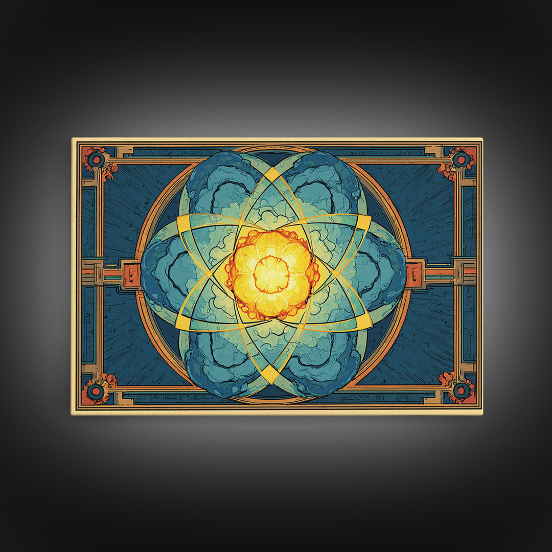 Ornate Atomic Explosion Framed Canvas Print, Art Deco Science Poster, Geometric Wall Art Decor, Midcentury Modern Print Gift