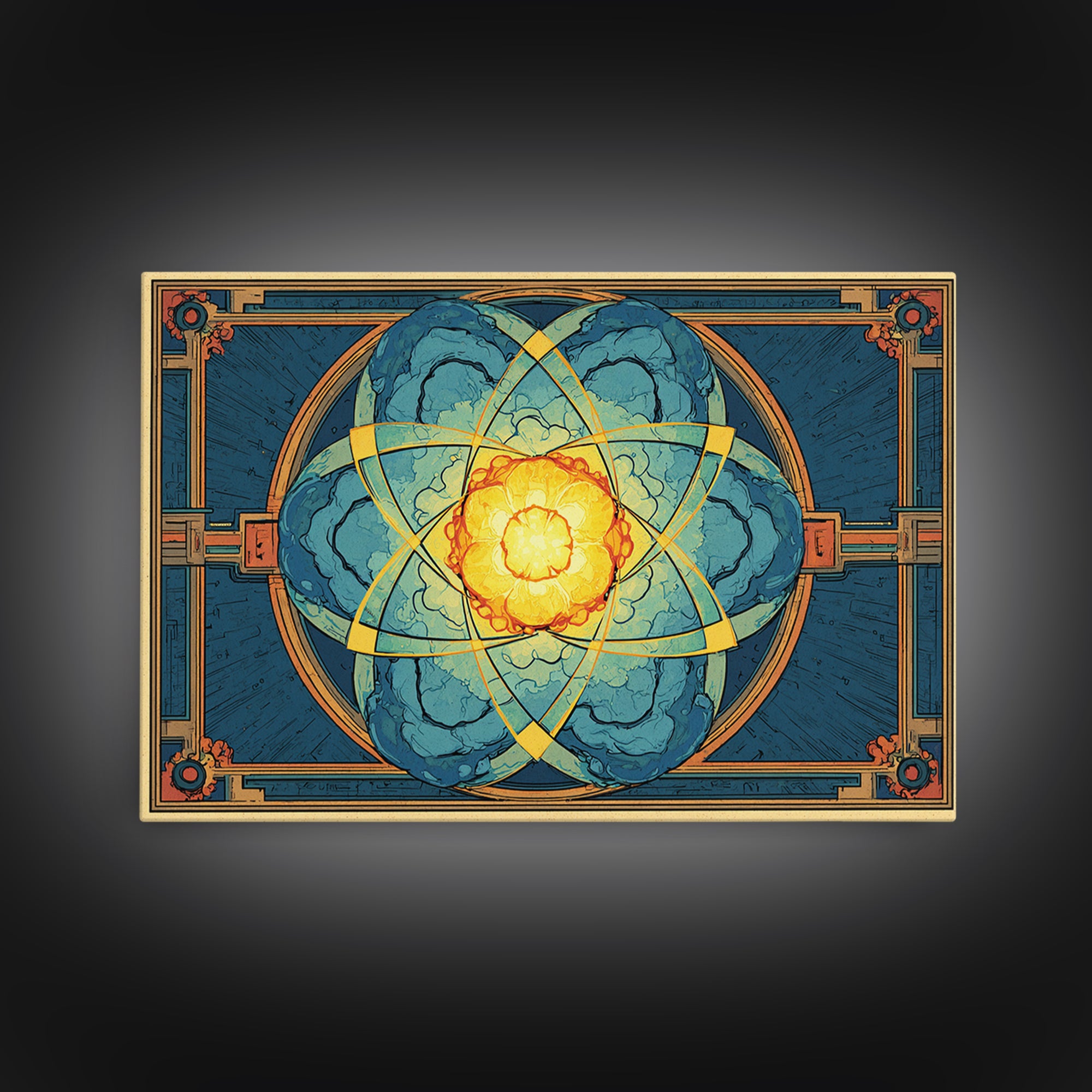 Ornate Atomic Explosion Framed Canvas Print, Art Deco Science Poster, Geometric Wall Art Decor, Midcentury Modern Print Gift