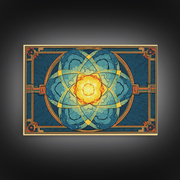 Ornate Atomic Explosion Framed Canvas Print, Art Deco Science Poster, Geometric Wall Art Decor, Midcentury Modern Print Gift