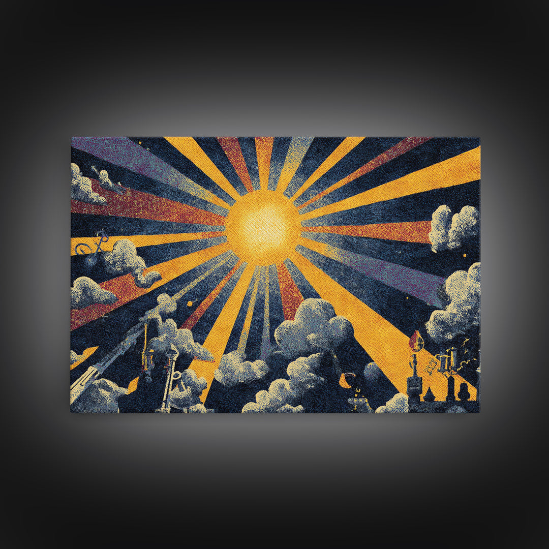 Golden Sunburst Cloud Wall Art, Retro Art Deco Poster, Midcentury Modern Home Decor, Atomic Celestial Canvas Print Gift Idea