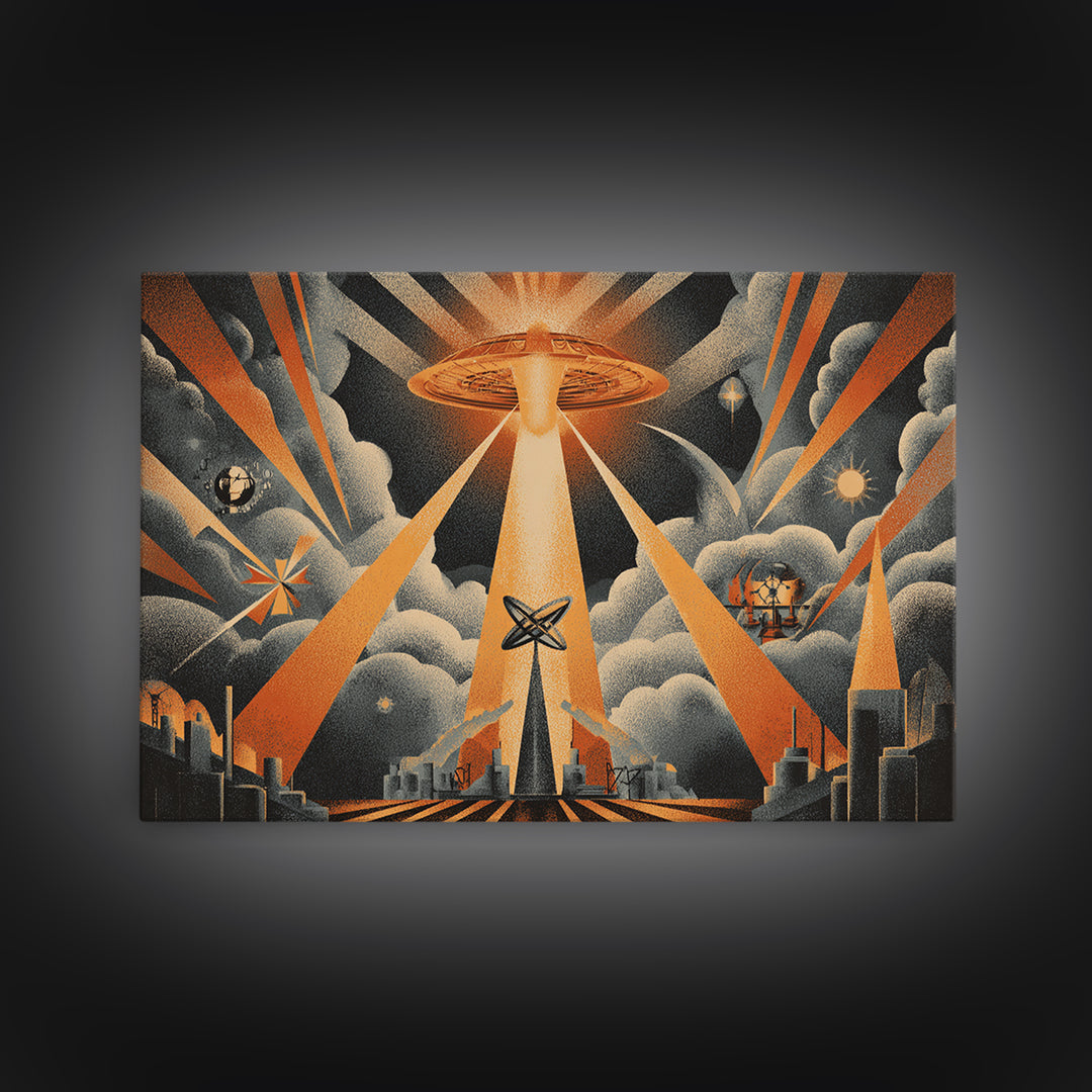 UFO Beam Over City Canvas Print, Retro Sci Fi Poster, Atomic Space Wall Art, Midcentury Modern MCM Decor, Orange Rays Print