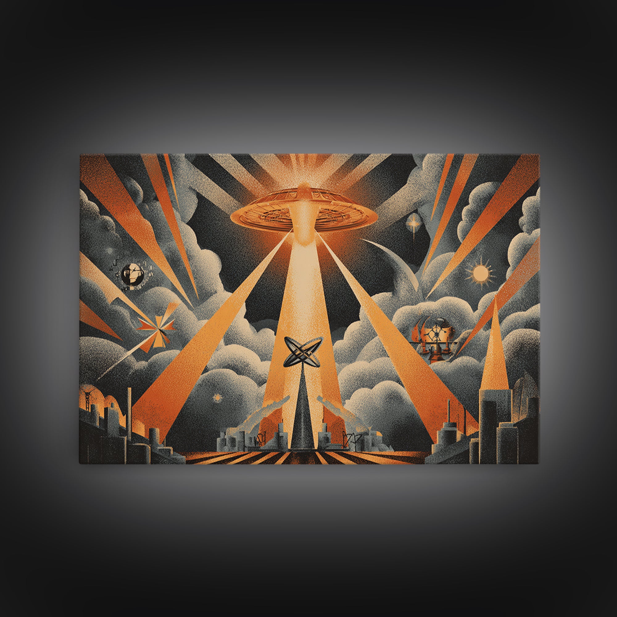 UFO Beam Over City Canvas Print, Retro Sci Fi Poster, Atomic Space Wall Art, Midcentury Modern MCM Decor, Orange Rays Print