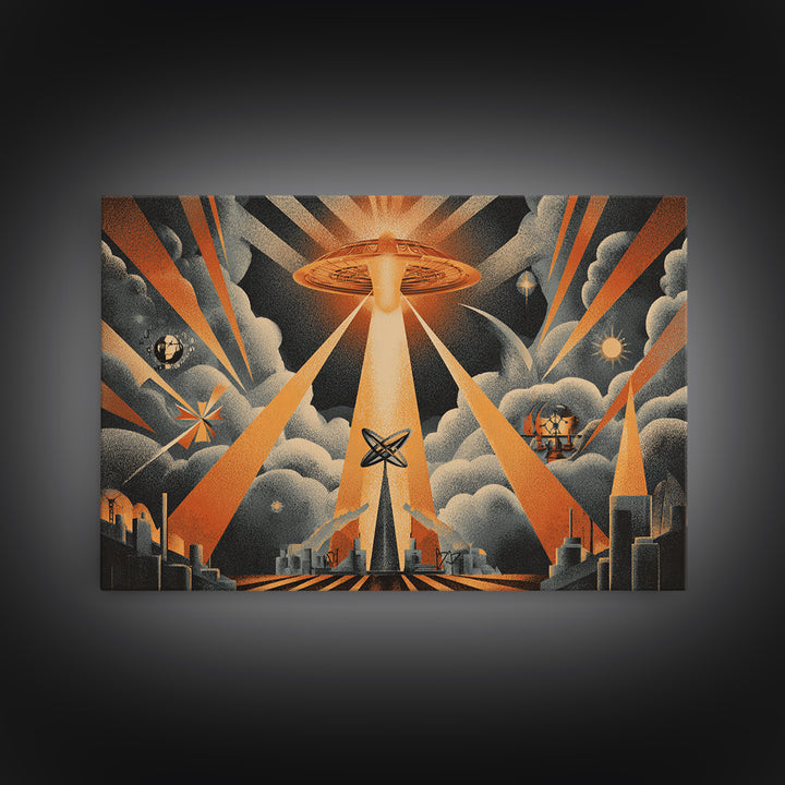 UFO Beam Over City Canvas Print, Retro Sci Fi Poster, Atomic Space Wall Art, Midcentury Modern MCM Decor, Orange Rays Print