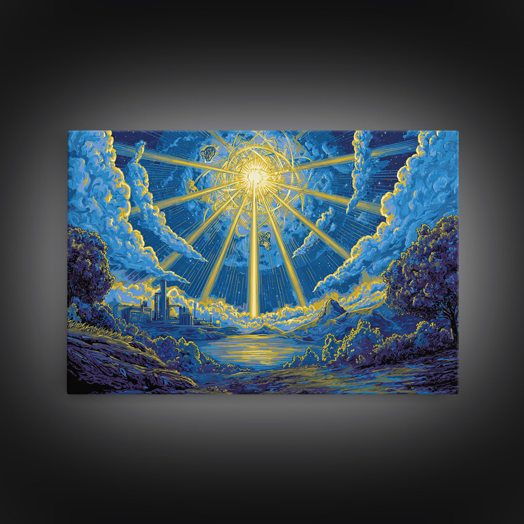 Blue Celestial Sunburst Sky Wall Art, Dreamy Cosmic Landscape Poster, Midcentury Modern Decor, Retro Spiritual Art Print
