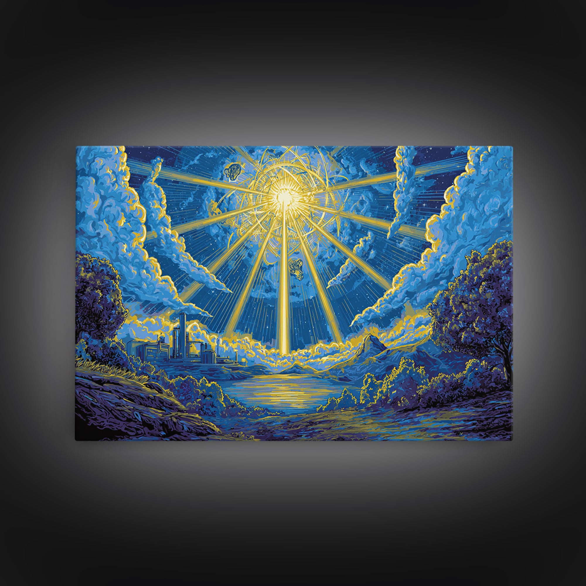 Blue Celestial Sunburst Sky Wall Art, Dreamy Cosmic Landscape Poster, Midcentury Modern Decor, Retro Spiritual Art Print