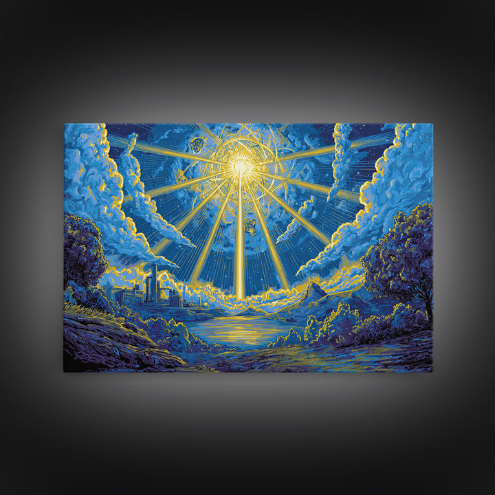 Blue Celestial Sunburst Sky Wall Art, Dreamy Cosmic Landscape Poster, Midcentury Modern Decor, Retro Spiritual Art Print