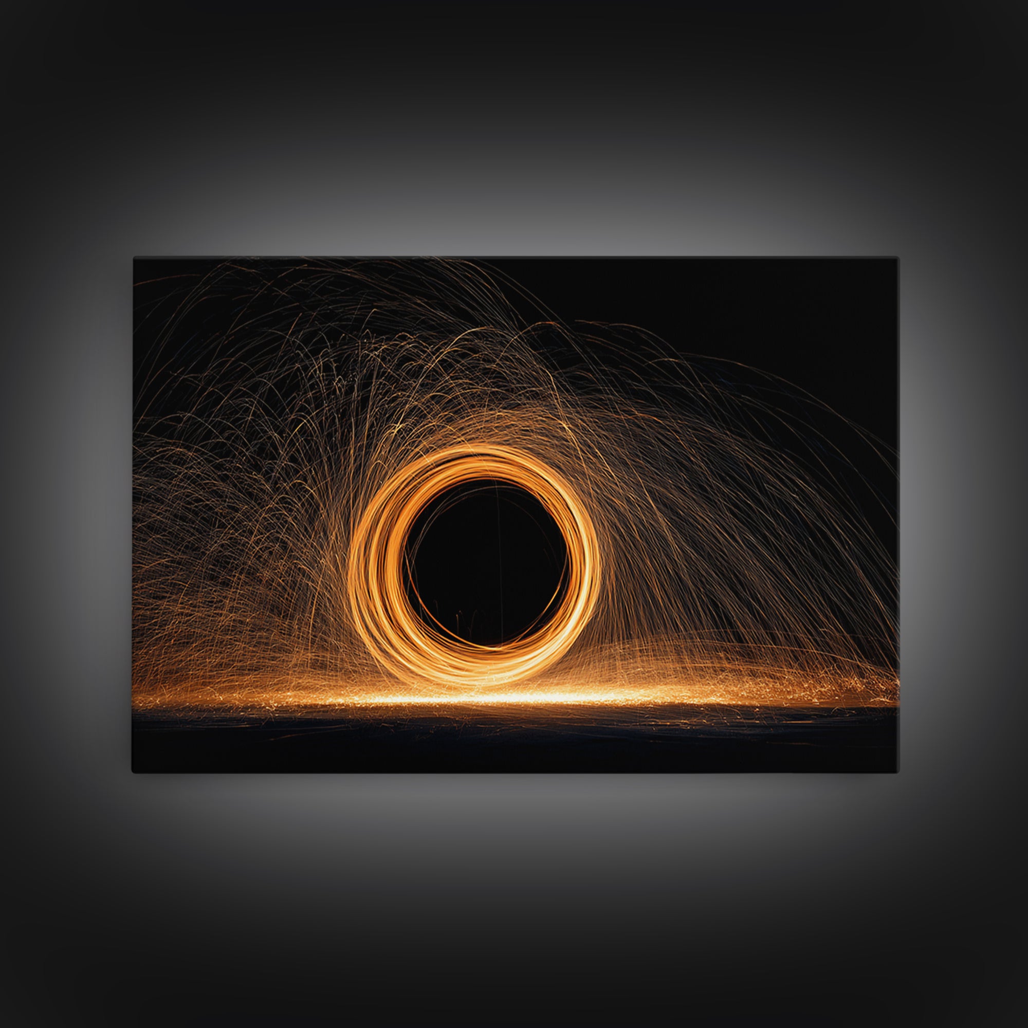 Orange Black Hole Light Trails Wall Art, Modern Abstract Art Print, Cosmic Retro Decor, Home Office Art, Framed Canvas Print
