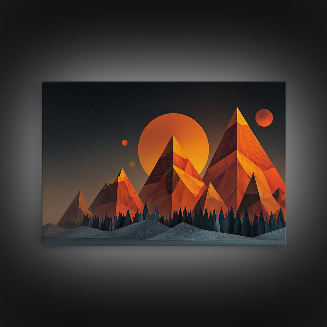 Orange Planet Pyramid Mountains Framed Canvas Print, Retro Futuristic Wall Art, Geometric Sci Fi Poster, MCM Home Decor Print
