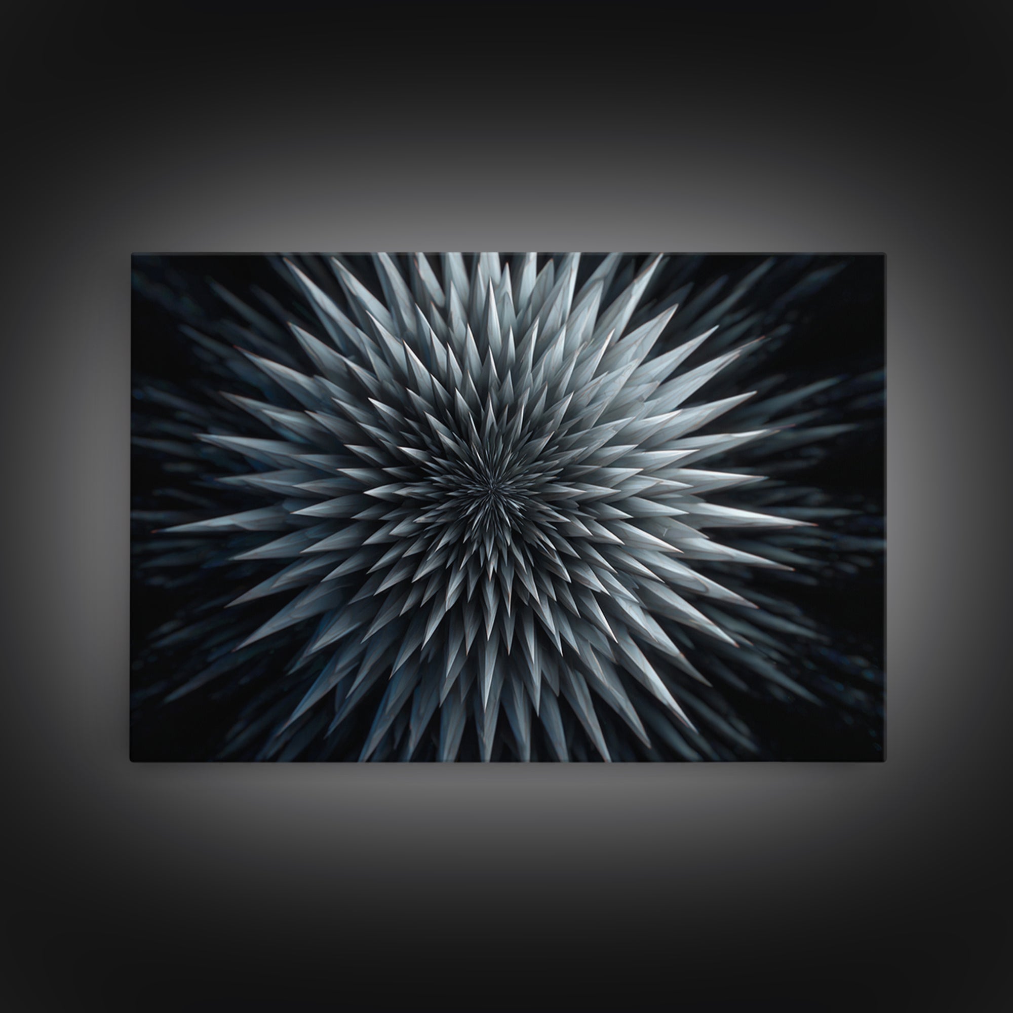 Metallic Crystal Starburst Framed Canvas Print, Modern Abstract Art, Geometric Wall Decor, Black Blue Statement Art Poster
