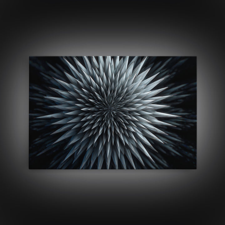 Metallic Crystal Starburst Framed Canvas Print, Modern Abstract Art, Geometric Wall Decor, Black Blue Statement Art Poster