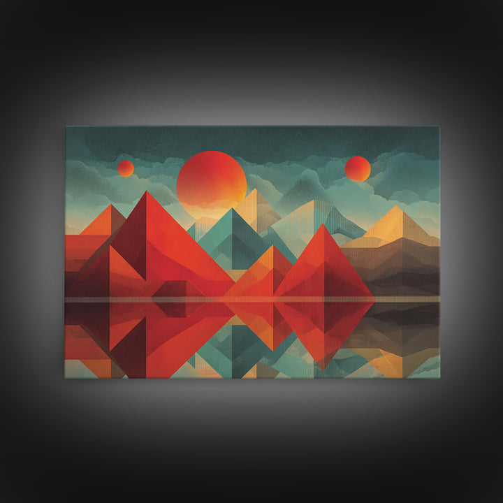 Geometric Red Pyramid Mountains Reflection Wall Art, Midcentury Modern Abstract Landscape, Retro MCM Decor, Canvas Print