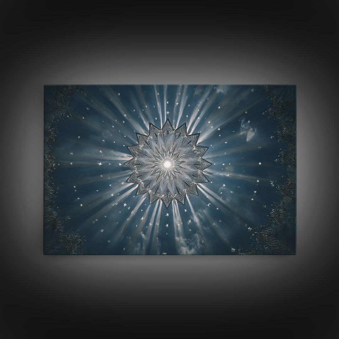 Radiant Blue Celestial Mandala Starburst Wall Art, Midcentury Modern Art Print, Atomic Retro Home Decor, Framed Canvas Print