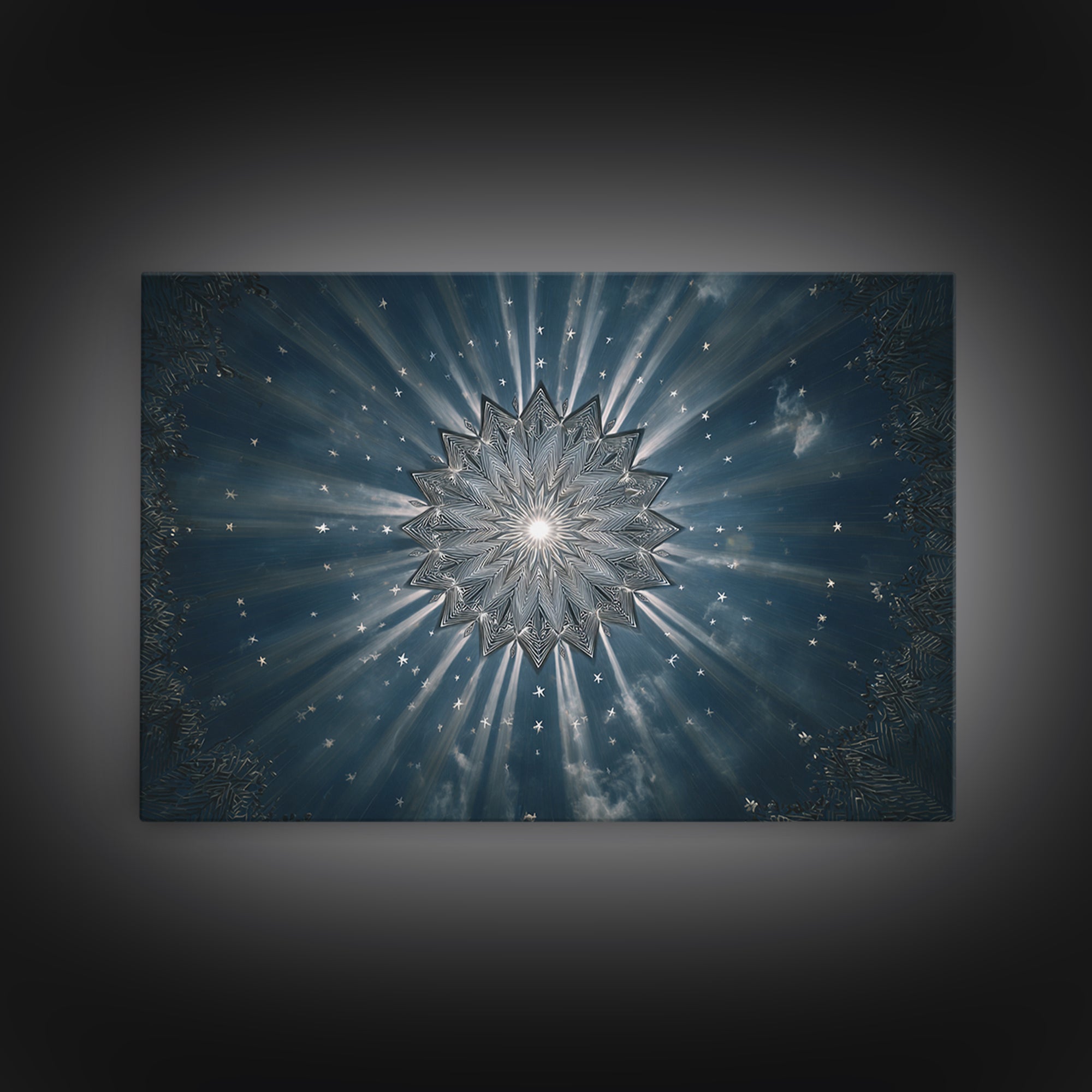 Radiant Blue Celestial Mandala Starburst Wall Art, Midcentury Modern Art Print, Atomic Retro Home Decor, Framed Canvas Print