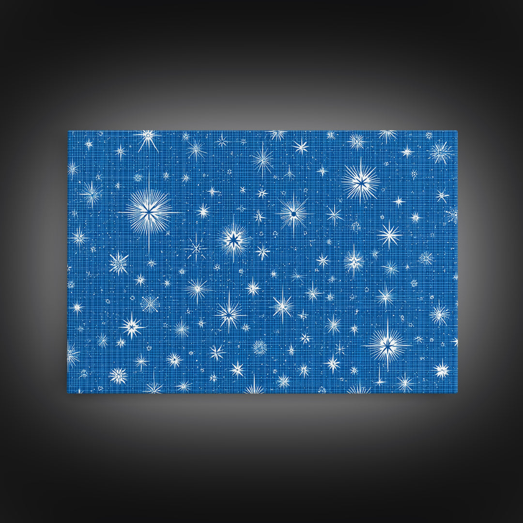 Blue Blueprint Atomic Starburst Wall Art, Midcentury Modern Art Print, Retro Geometric Pattern, Office Decor Canvas Print