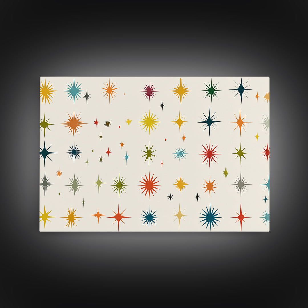 Cream Atomic Starburst Pattern Wall Art, Midcentury Modern Print, Retro 50s Colorful Home Decor, MCM Framed Canvas Print