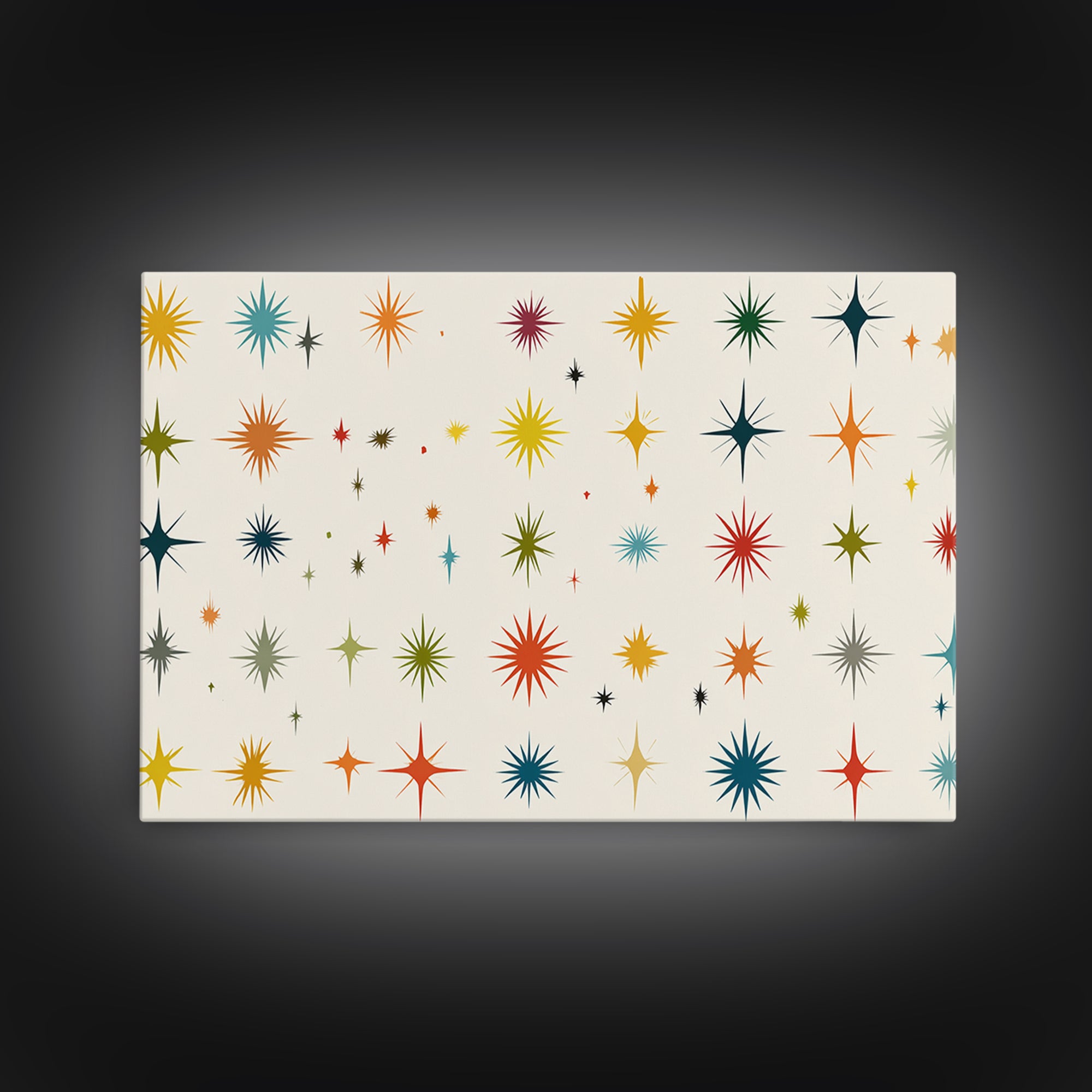 Cream Atomic Starburst Pattern Wall Art, Midcentury Modern Print, Retro 50s Colorful Home Decor, MCM Framed Canvas Print