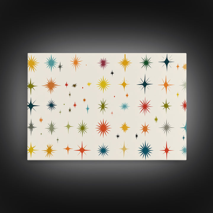 Cream Atomic Starburst Pattern Wall Art, Midcentury Modern Print, Retro 50s Colorful Home Decor, MCM Framed Canvas Print