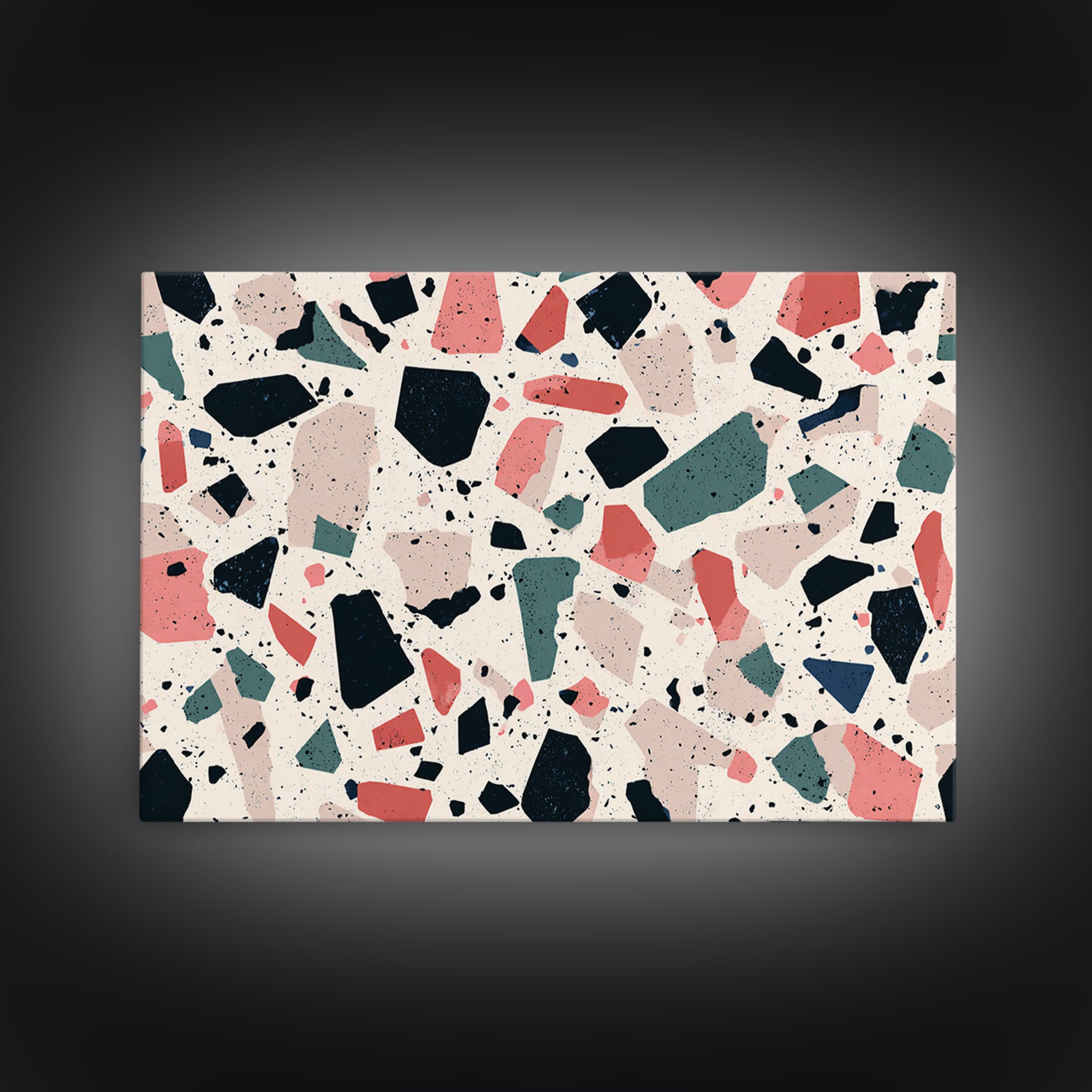 Coral Teal Terrazzo Abstract Wall Art, Midcentury Modern Art Print, Retro Geometric Pattern Home Decor, Framed Canvas Print