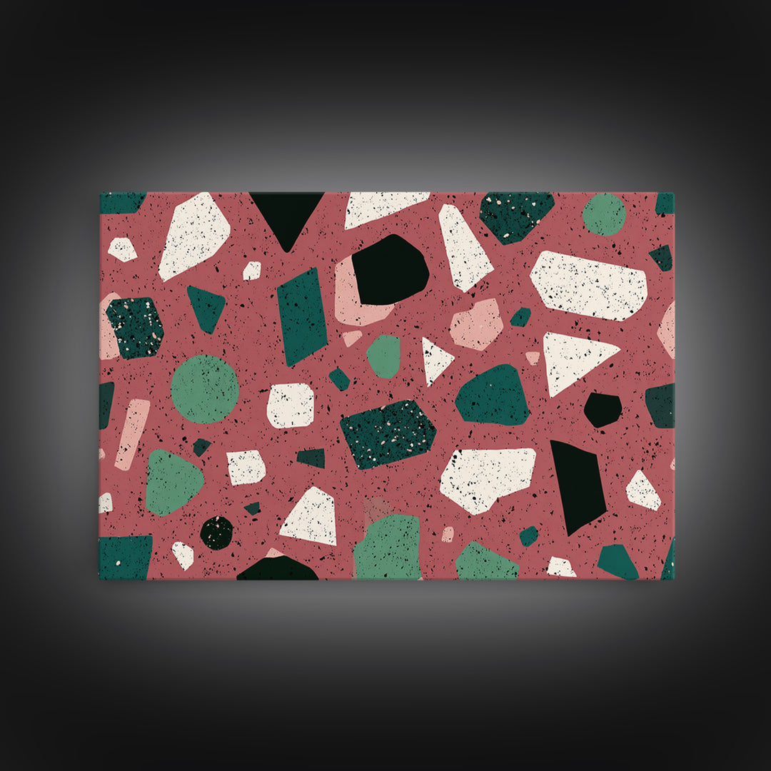 Rose Green Terrazzo Abstract Wall Art, Midcentury Modern Print, MCM Retro Geometric Pattern Home Decor, Framed Canvas Print
