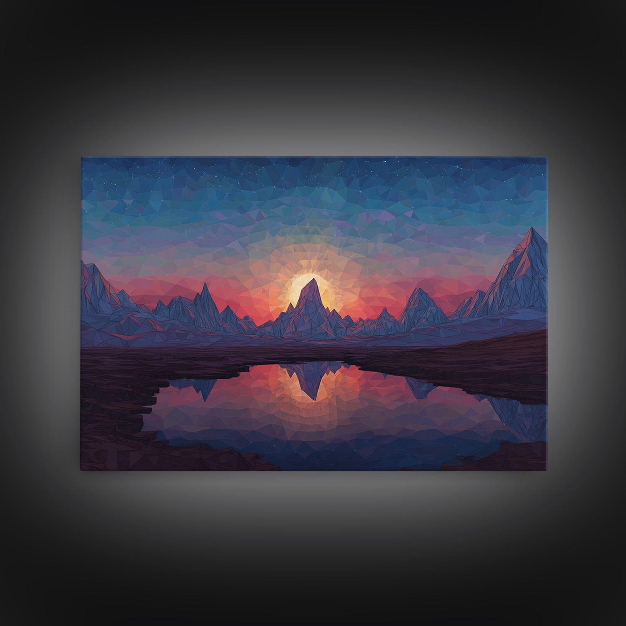 Low Poly Alpine Mountain Sunset Wall Art, Blue Lake Reflection Landscape, Modern Geometric Print, Scenic Home Office Decor