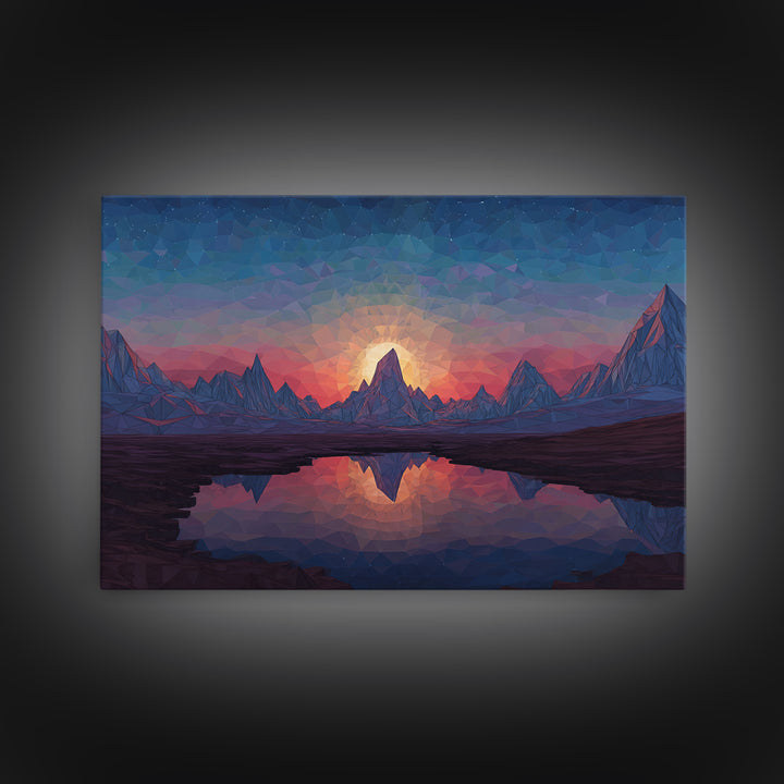 Low Poly Alpine Mountain Sunset Wall Art, Blue Lake Reflection Landscape, Modern Geometric Print, Scenic Home Office Decor