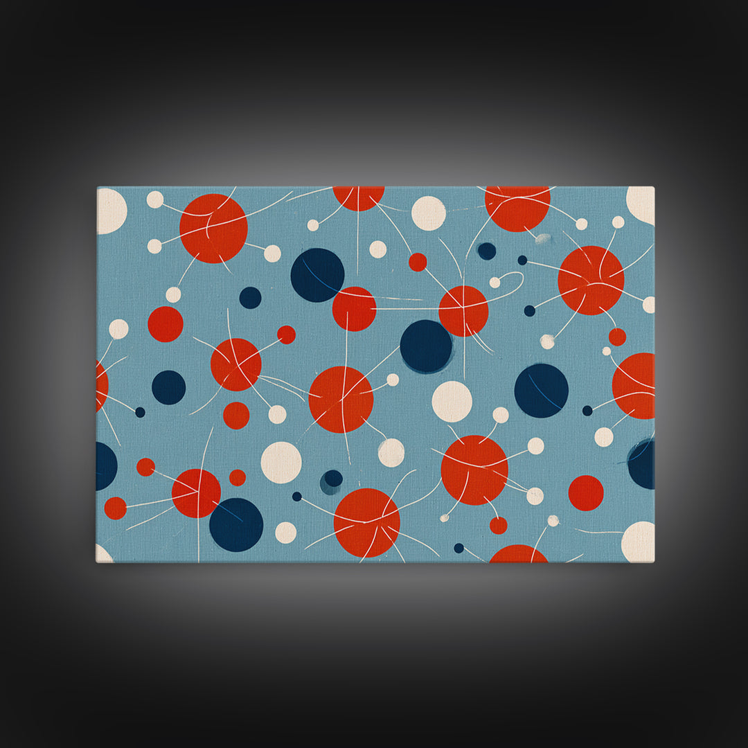 Blue Red Atomic Circles Wall Art, Midcentury Modern Art Print, Retro Space Age Pattern, MCM Living Room Canvas Print Decor