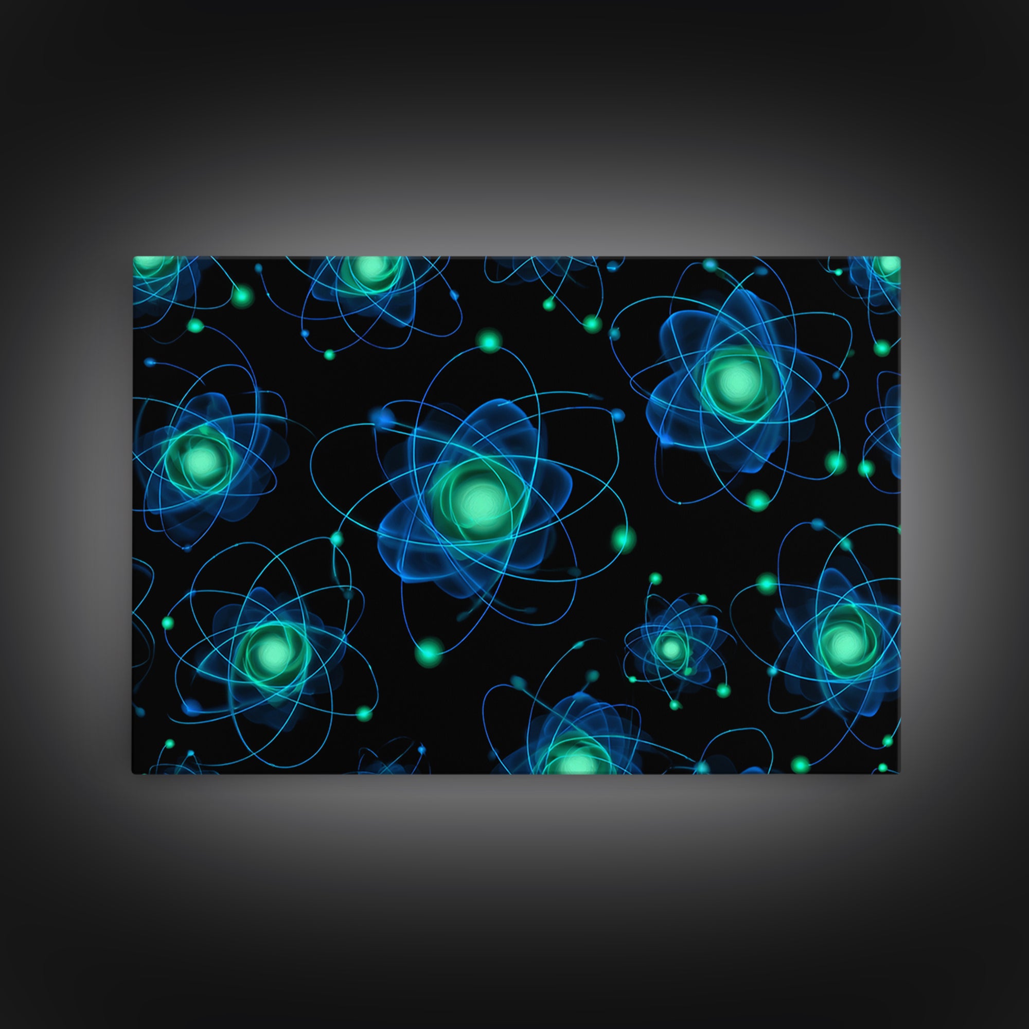 Glowing Blue Green Atomic Orbit Pattern Wall Art, Mid Century Modern Decor, Retro Sci Fi Poster, MCM Wall Decor, Geometric Art Print