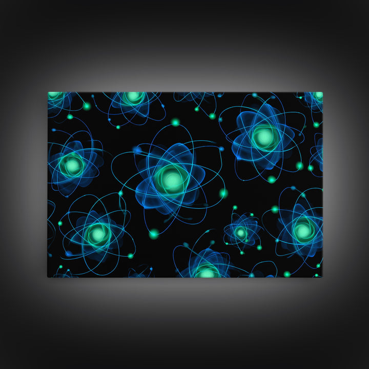 Glowing Blue Green Atomic Orbit Pattern Wall Art, Mid Century Modern Decor, Retro Sci Fi Poster, MCM Wall Decor, Geometric Art Print