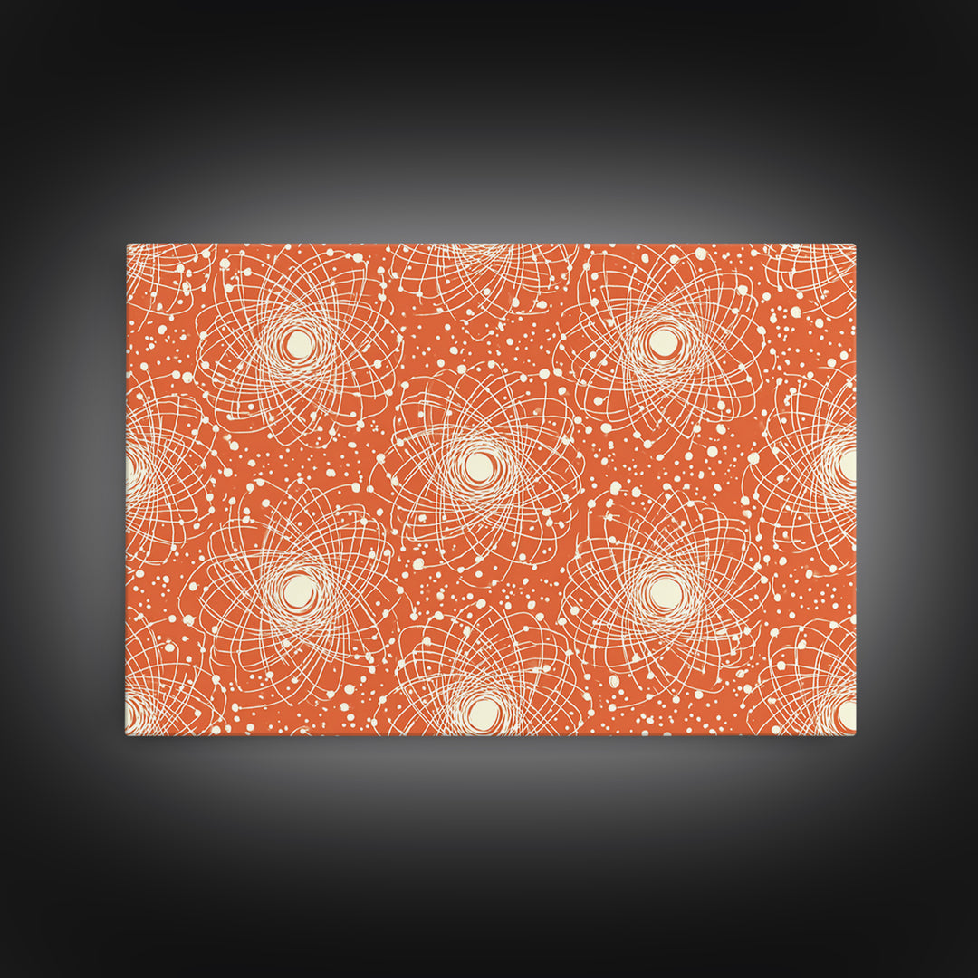 Orange White Atomic Orbit Pattern Canvas Print, Mid Century Modern Decor, Retro Science Poster, Geometric Wall Art, MCM Home Decor