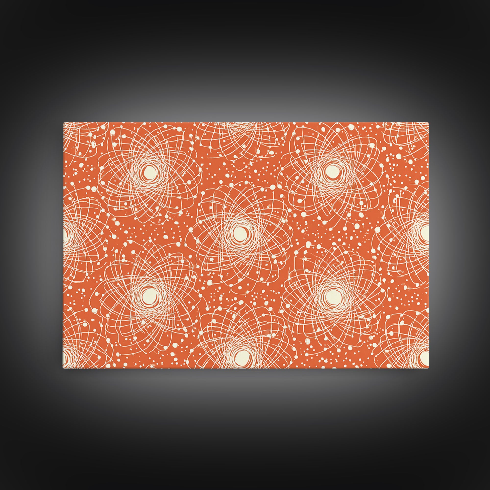 Orange White Atomic Orbit Pattern Canvas Print, Mid Century Modern Decor, Retro Science Poster, Geometric Wall Art, MCM Home Decor