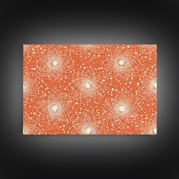 Orange White Atomic Orbit Pattern Canvas Print, Mid Century Modern Decor, Retro Science Poster, Geometric Wall Art, MCM Home Decor