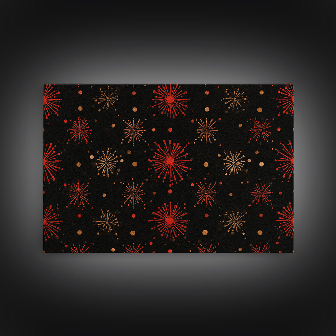 Red Gold Atomic Starburst Pattern Wall Art, Mid Century Modern Decor, Retro 1950s Poster, Black Wall Decor, MCM Geometric Art Print