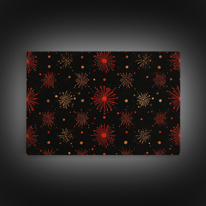 Red Gold Atomic Starburst Pattern Wall Art, Mid Century Modern Decor, Retro 1950s Poster, Black Wall Decor, MCM Geometric Art Print
