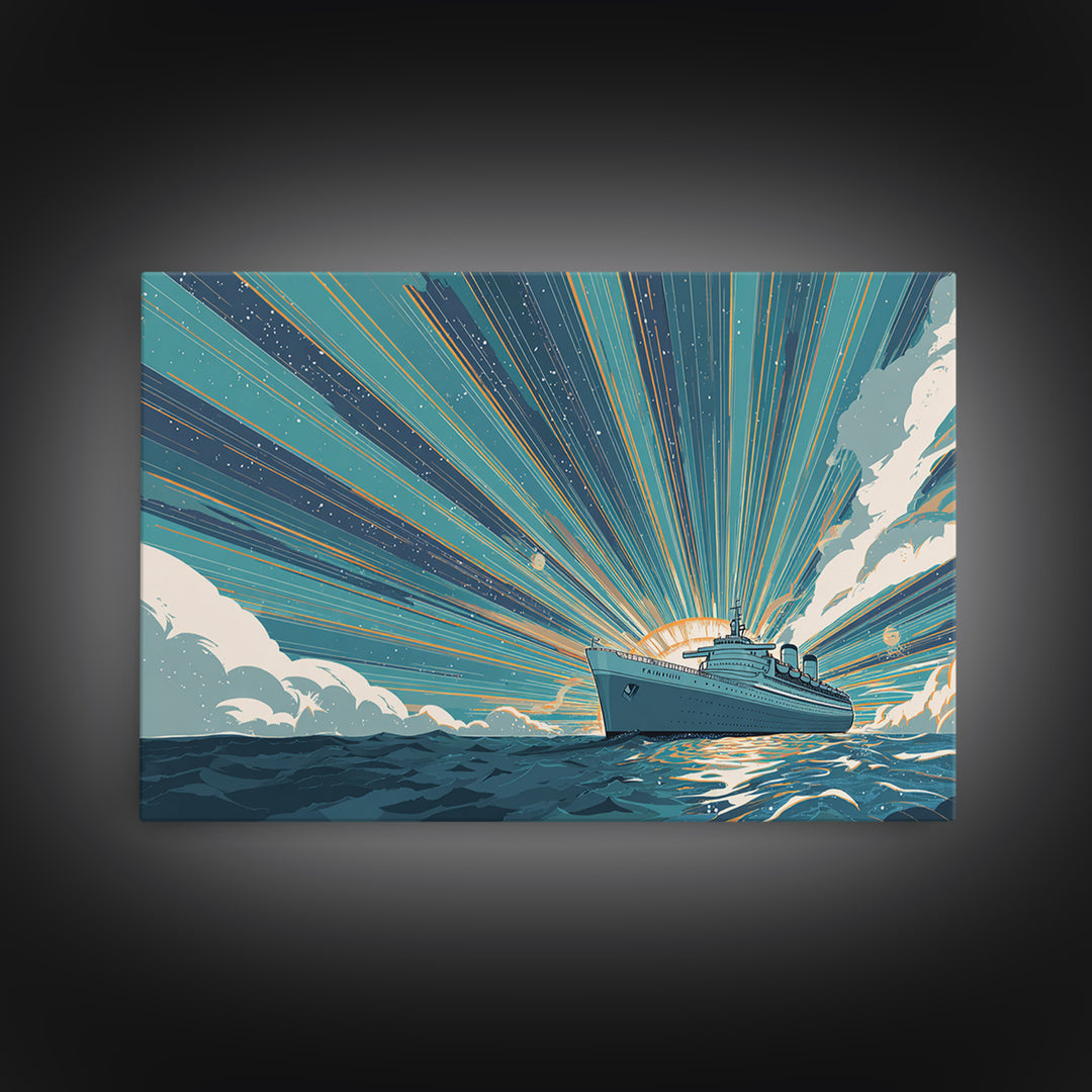 Ocean Liner Sunrise Ray Wall Art, Retro Travel Poster, Nautical Decor, Art Deco Cruise Ship Print, Coastal Living Room Decor