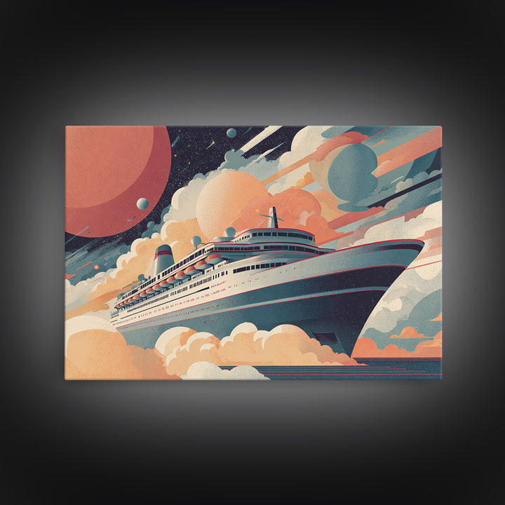 Space Cruise Ship With Planets Wall Art, Retro Sci Fi Poster, Mid Century Modern Decor, Celestial Travel Print, Cosmic Art